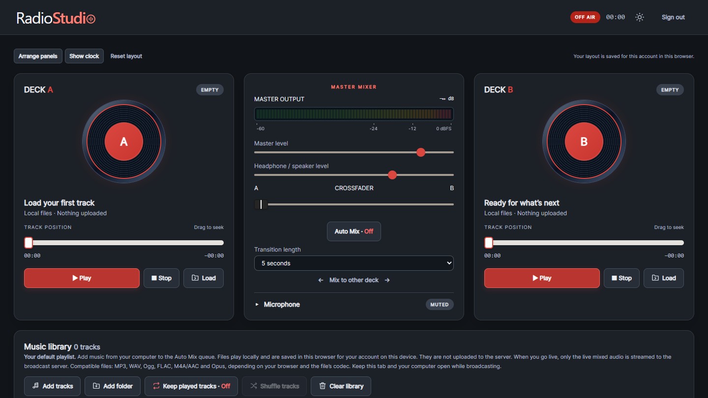 Desktop RadioStudio demonstration: dark to light mode, loading and playing a demo track, microphone on and off, scheduling a show and going live.